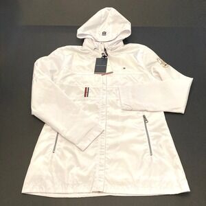 Tommy Hilfiger Long Windbreaker Jacket Womens Medium White Zip Pockets Hooded